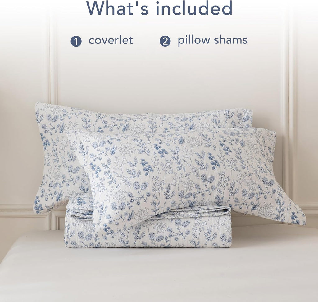 Lady Ann Oversized King Quilt Set, Blue and White Floral & Leaves Pattern Plant Botanical Printed Quilted 118x106 Bedspread Set, Vintage Coverlet Ultra Soft Cotton Coverlet with Pillow Shams, 3 PCS