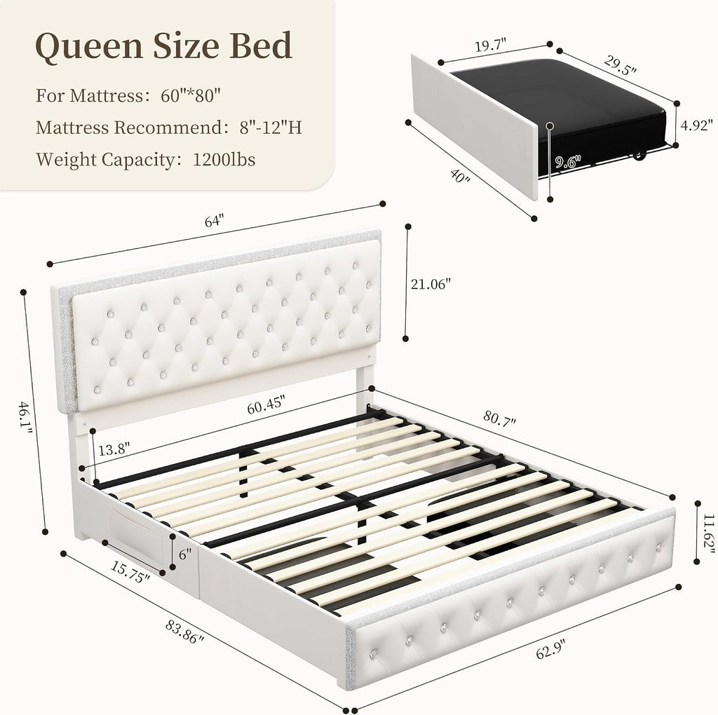 SIBEDS Queen LED Bed Frame with 2 Drawers, Storage Platform Beds with Upholstered Crystal Button Tufted Headboard Footboard, 2 Side Pockets, No Box Spring Needed, Velvet Cream