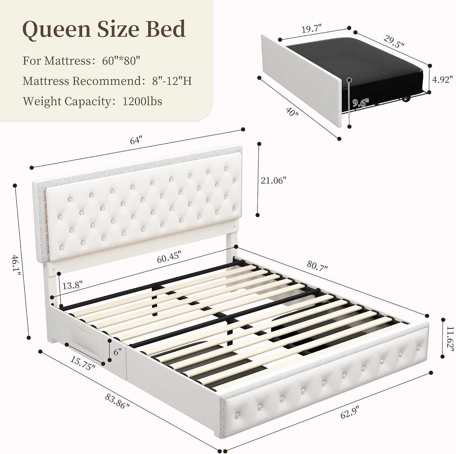 SIBEDS Queen LED Bed Frame with 2 Drawers, Storage Platform Beds with Upholstered Crystal Button Tufted Headboard Footboard, 2 Side Pockets, No Box Spring Needed, Velvet Cream