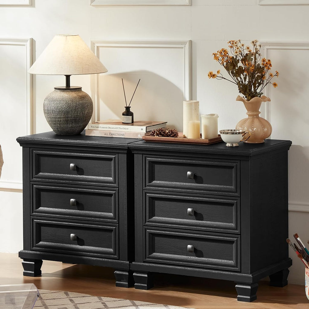 SAVOR LIFE Farmhouse Bedroom Dresser and Nightstand Set of 4, 6 Drawer Tall & 5 Drawers Dresser & 3 Drawer Nightstand Set with Wooden Legs, Rustic Wood Furniture for Bedroom, Hallway, Black