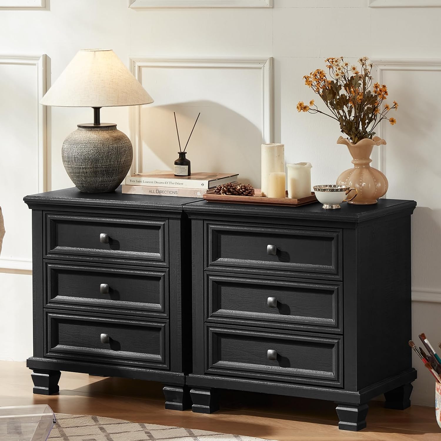 SAVOR LIFE Farmhouse Bedroom Dresser and Nightstand Set of 4, 6 Drawer Tall & 5 Drawers Dresser & 3 Drawer Nightstand Set with Wooden Legs, Rustic Wood Furniture for Bedroom, Hallway, Black