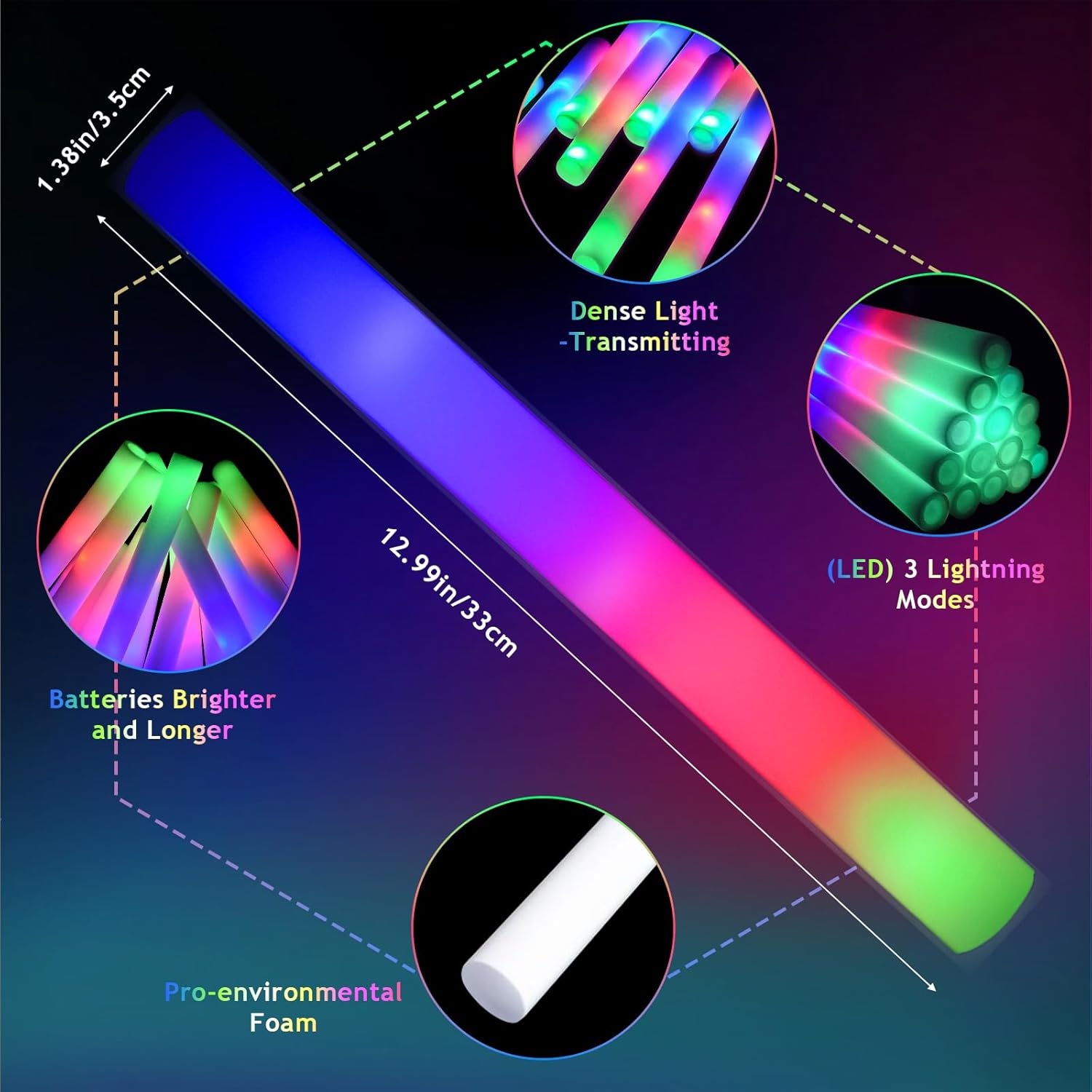 202PCS Glow Foam Sticks Bulk,LED Foam Sticks 3 Modes Flashing Glow in the Dark Light up Party Favors Supplies for Birthday, Wedding, Raves, Co