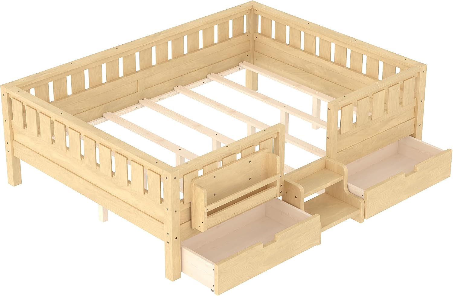 Bellemave Queen Size Bed with Slats and Stairs, Queen Size Platform Bed Frame with Fence, Bookshelf and Storage Drawers, Easy Assemble Beds for Girls, Boys, Light Natural