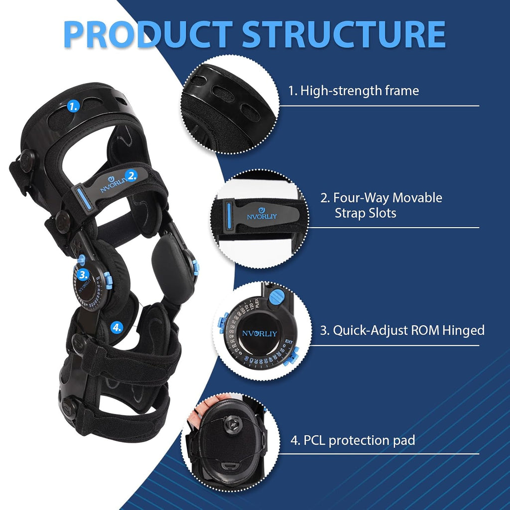 Nvorliy Knee Brace for Functional Posterior Cruciate Ligament (PCL) Recovery Stabilization, Adjustable Medical Post-Op Orthosis for Post-Surgery Support, Women and Men (Left, Medium)
