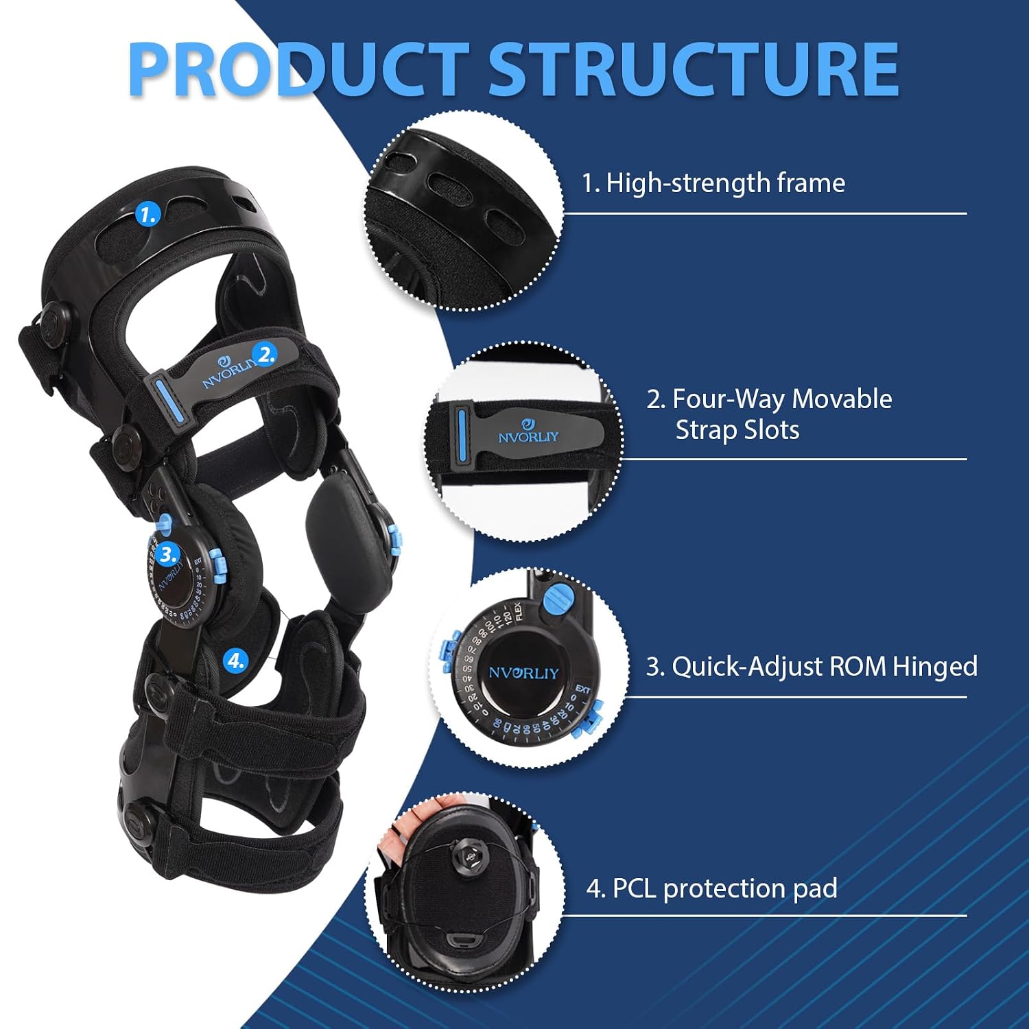 Nvorliy Knee Brace for Functional Posterior Cruciate Ligament (PCL) Recovery Stabilization, Adjustable Medical Post-Op Orthosis for Post-Surgery Support, Women and Men (Left, Medium)