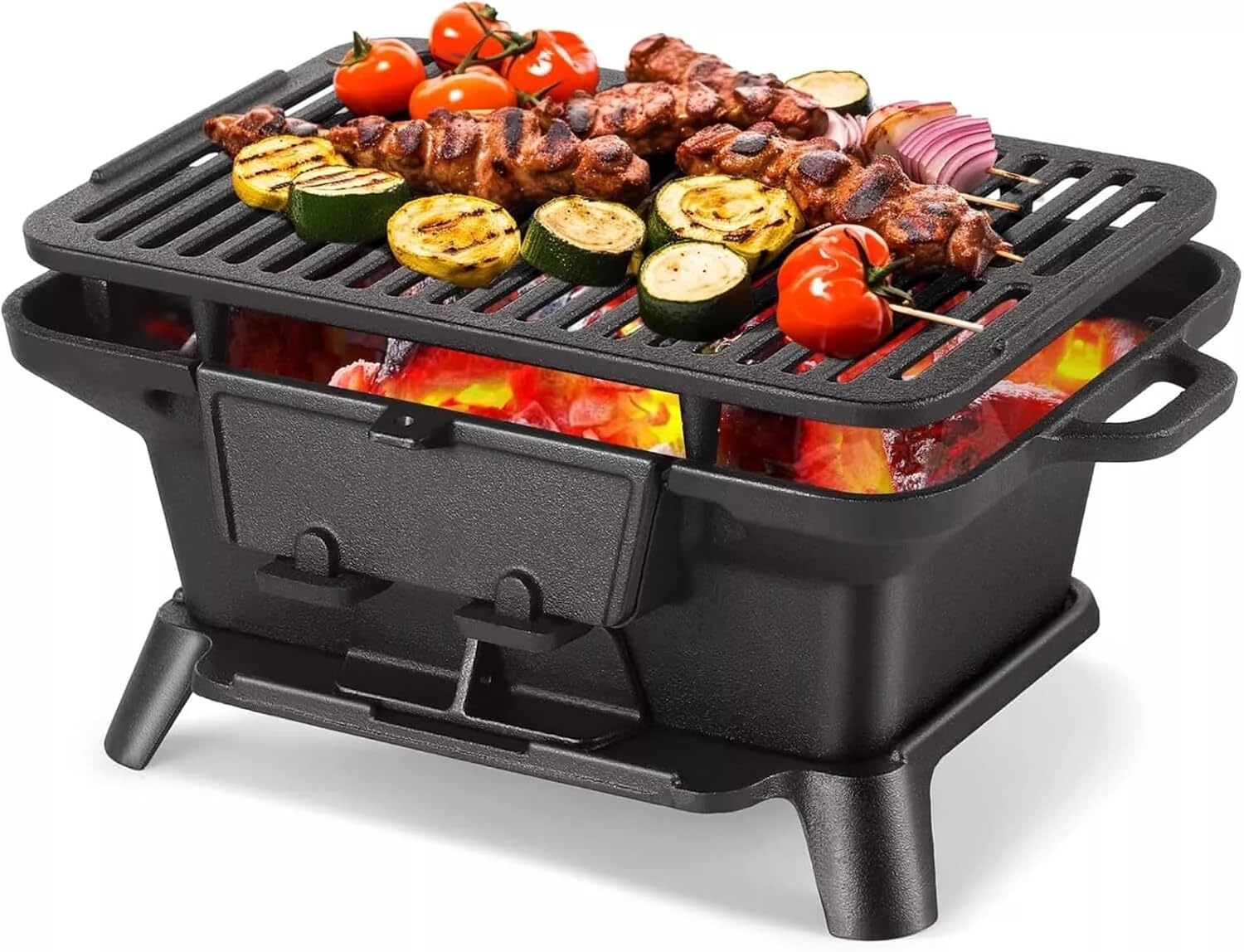 Oval Cast Iron Grill Outdoor - Portable Charcoal Grill & Tabletop Griddle, 19.6' Enameled Camping Stove with Carrying Handles,for BBQ, Tailgating & Hunting (Black,No Carrying Handle)