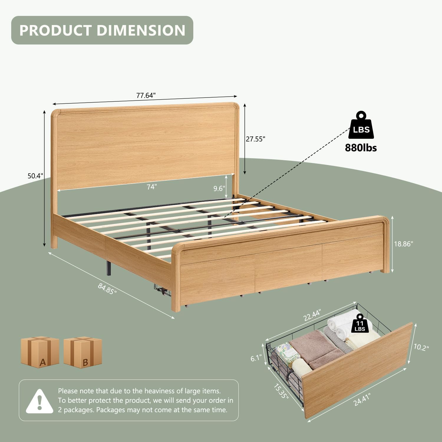 Aitjunz Modern King Size Bed Frame with 50' Tall Headboard, Wood King Size Platform Bed Frame w/3 Storage Drawers, Curved Profile Design, Wood & Steel Platform Bed, No Box Spring Needed, Natural Oak