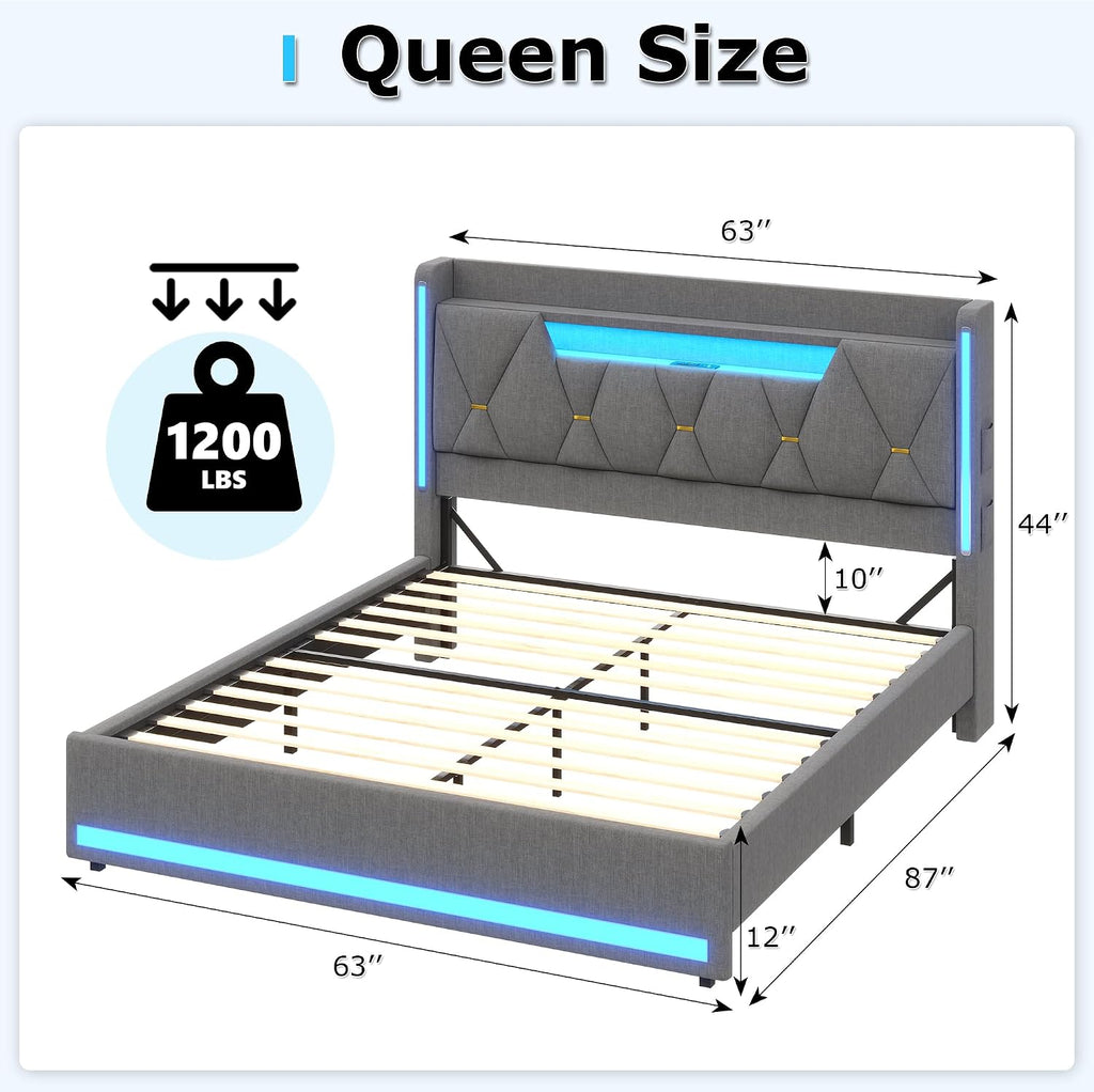 busyaeh Queen Bed Frame with Storage Headboard and LED Lights, Metal Platform Bed Frame Queen Size with Charging Station, No Box Spring Needed, Upholstered Marshmallow Headboard, 1200lbs, Dark Gray