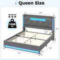 busyaeh Queen Bed Frame with Storage Headboard and LED Lights, Metal Platform Bed Frame Queen Size with Charging Station, No Box Spring Needed, Upholstered Marshmallow Headboard, 1200lbs, Dark Gray