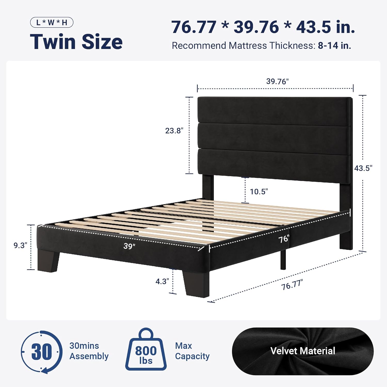 Allewie Twin Size Platform Bed Frame with Velvet Upholstered Headboard and Wooden Slats Support, Fully Upholstered Mattress Foundation/No Box Spring Needed/Easy Assembly, Black