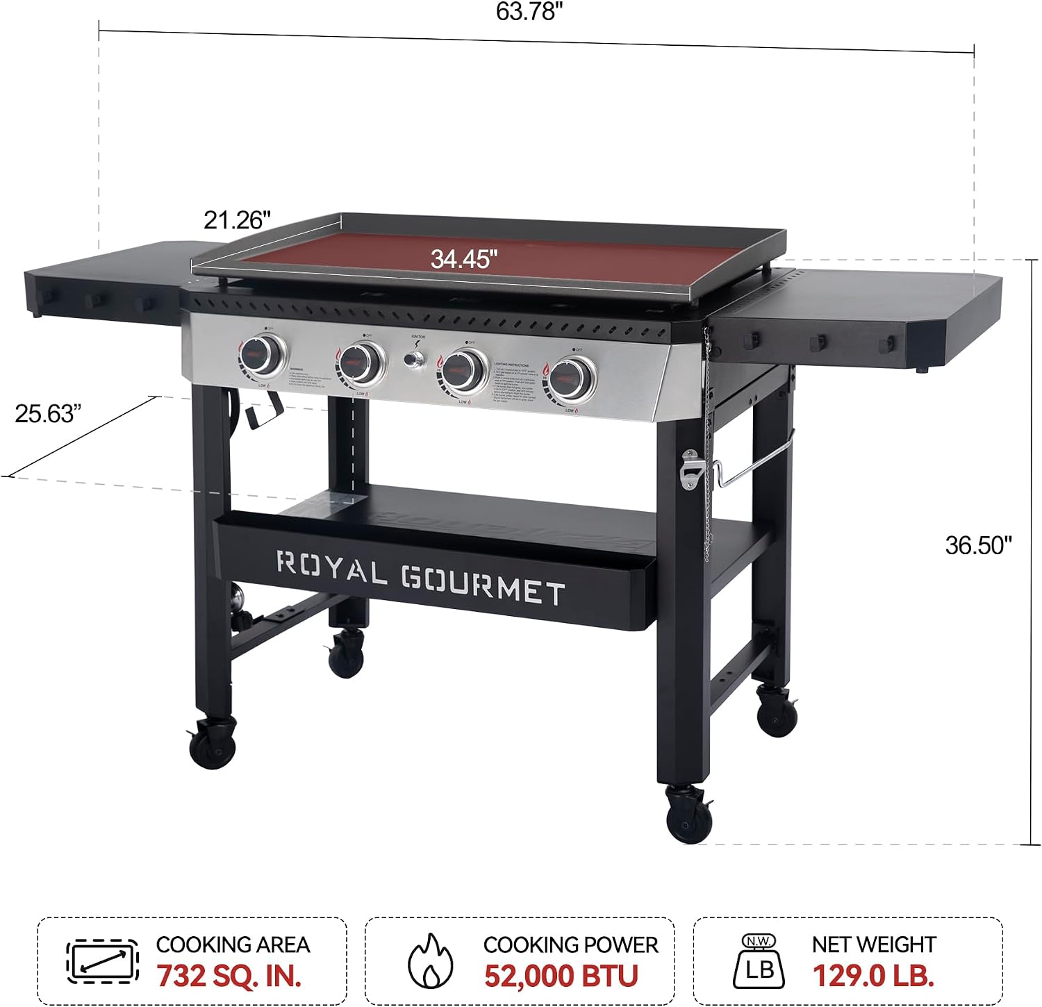 Royal Gourmet GB4007 4 Burner Propane Gas Griddle with Folding Side Tables, 34-Inch Flat Top Grill with 52,000 BTUs Output for Outdoor Cooking like Camping or Tailgating, Black & Silver