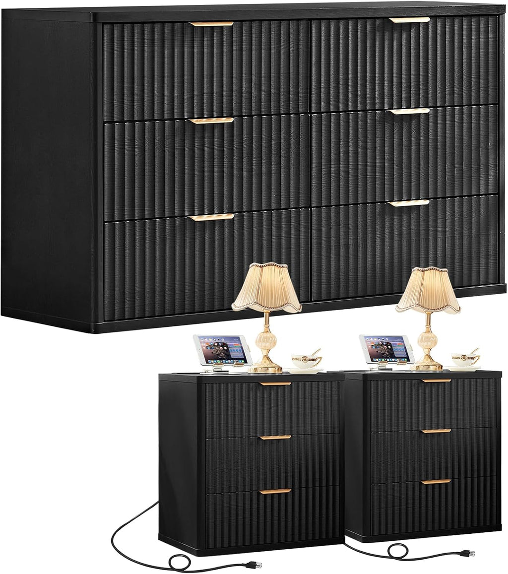 LEYAOYAO 48' Wide Fluted Dresser and 3 Drawers 23' Nightstand Set of 2, Wooden Dresser & Night Stand with Charging Station, 3 Piece Bedroom Furniture Set, Wood Chest of Drawer for Living Room,Black