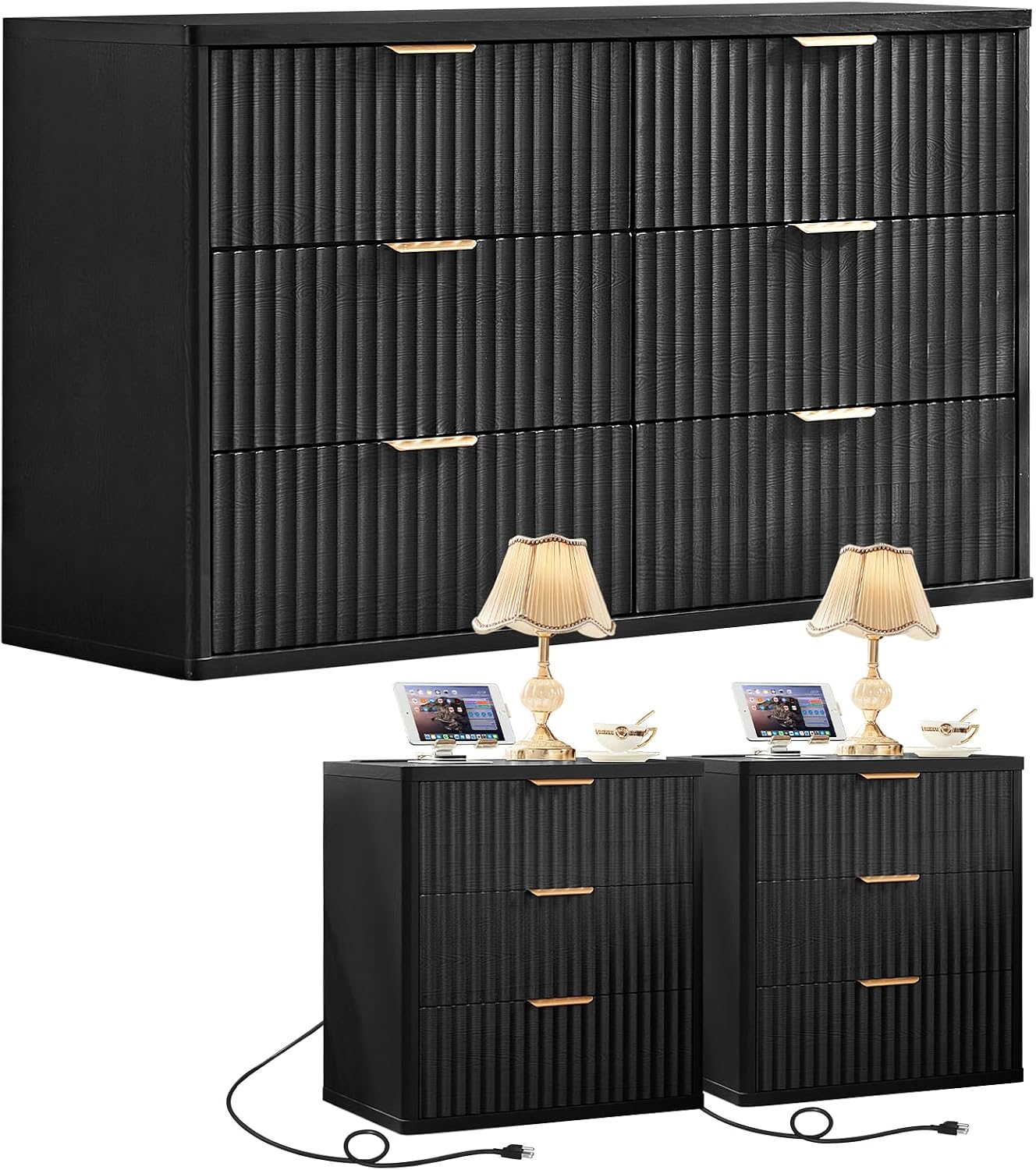 LEYAOYAO 48' Wide Fluted Dresser and 3 Drawers 23' Nightstand Set of 2, Wooden Dresser & Night Stand with Charging Station, 3 Piece Bedroom Furniture Set, Wood Chest of Drawer for Living Room,Black