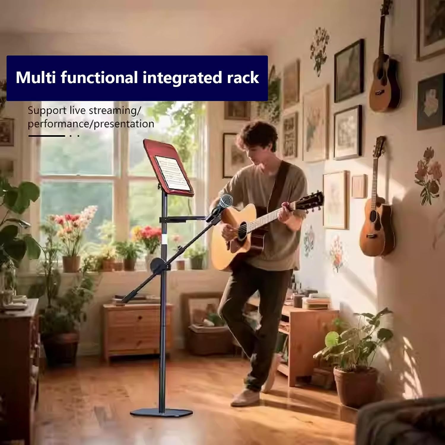Music Stand,2 in 1 Dual-Use Folding Sheet Music Stand & Desktop Book Stand,Height Adjustable from 19.68' to 55.11',Equipped with Microphone Stand, Phone Holder and Tray