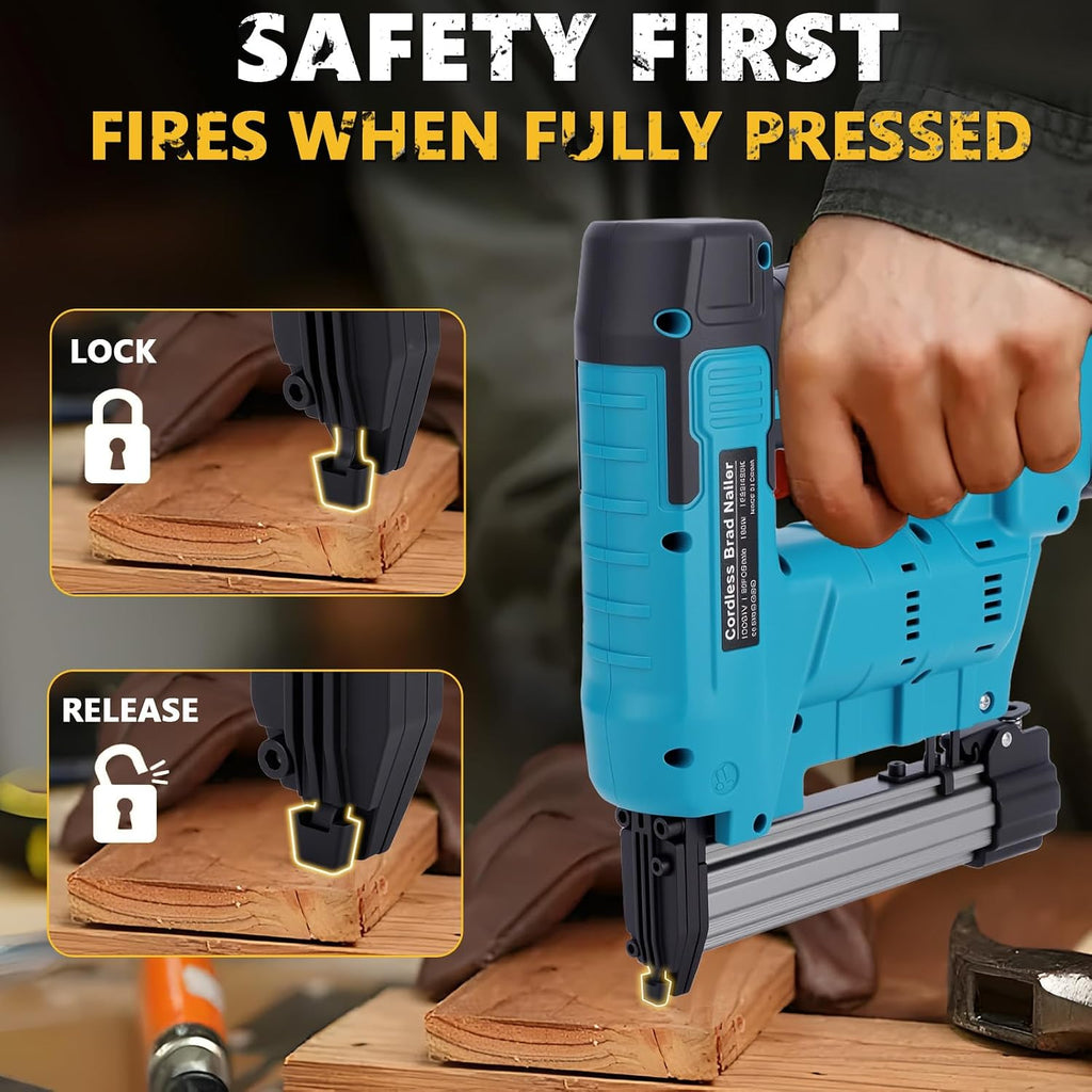 Electric Nail Gun 2 Modes Battery Powered 18 Ga Brad Nailer, 20V Cordless Nail Gun Compatible with Battery, Copper Motor Heavy Duty Stapler for Woodworking Projects (2 Batteries)