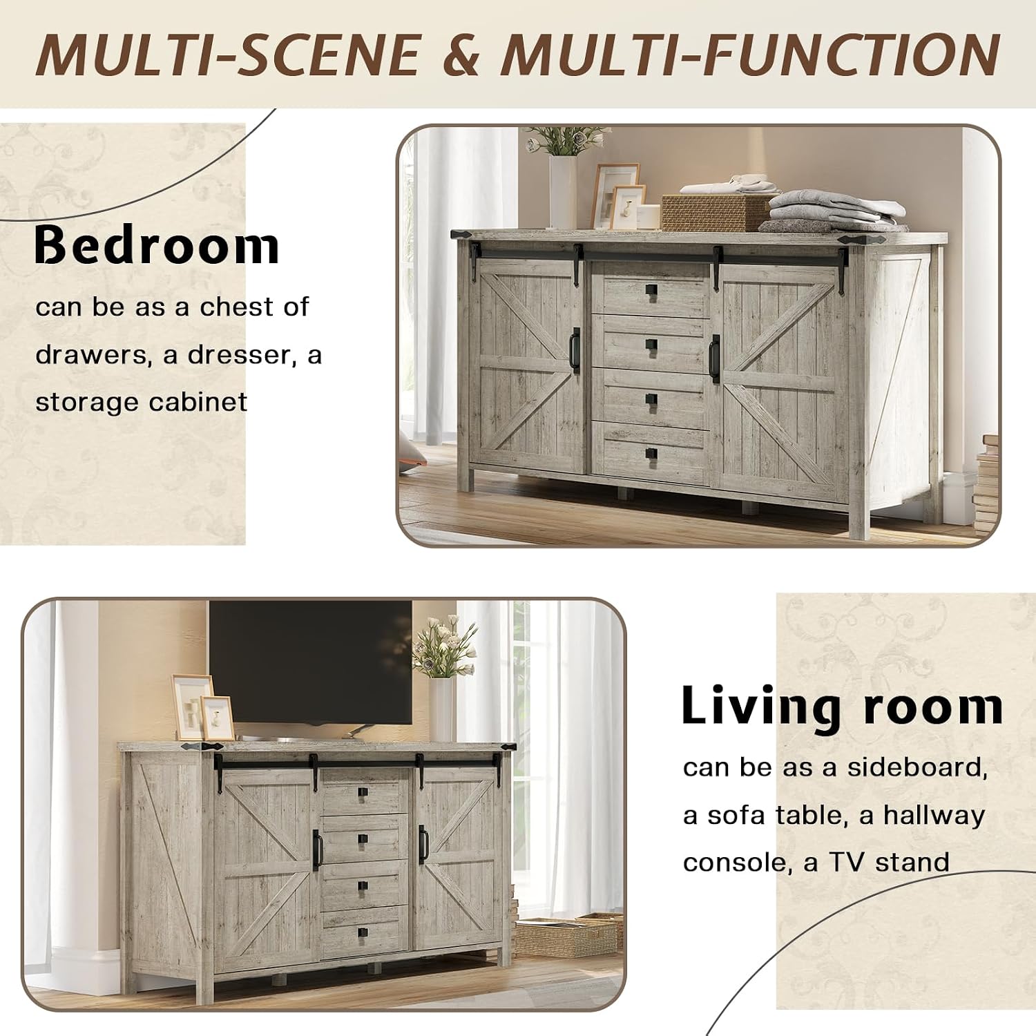 LUXOAK 3 Pieces Bedroom Set - Includes 60' Farmhouse Dresser, 48' Chest of Drawers with Sliding Barn Doors, 48' Tall Storage Cabinet with 5 Drawers, Rustic Grey