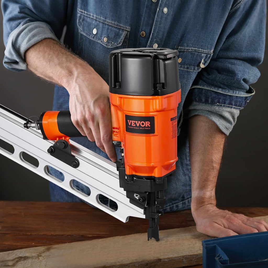 VEVOR Framing Nailer, 2' to 3-1/2' 21 Degree Full Round Head Pneumatic Framing Nailer with Dual Trigger Modes & Tool-Less Depth Adjustment, 80-120PSI Pro Air Nail Gun for Framing Flooring Decking