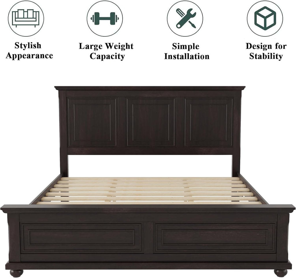 Wood Bed Frame King with Tall Headboard & Footboard, Traditional King Panel Bed with USB Charging Station for Bedroom, Guest Room, Easy Assembly, No Box Spring Required,Brown