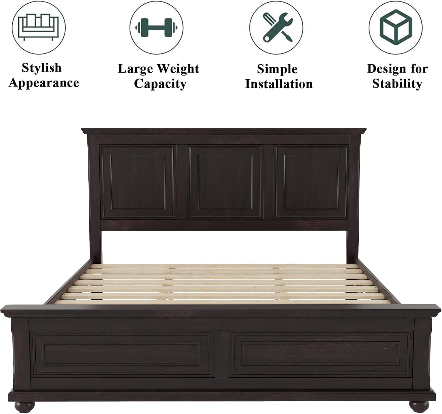 Wood Bed Frame King with Tall Headboard & Footboard, Traditional King Panel Bed with USB Charging Station for Bedroom, Guest Room, Easy Assembly, No Box Spring Required,Brown