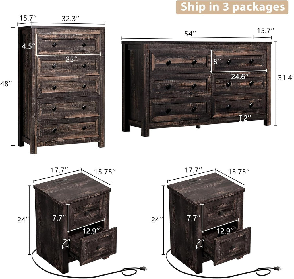 LUXOAK Farmhouse Bedroom Furniture 4 Pieces, 1 X Wood Rustic 6 Drawer Storage Dresser, 1 X 5 Drawer Dresser, Nightstand Set of 2 with Charging Station, Farmhouse Bedroom Set, Black