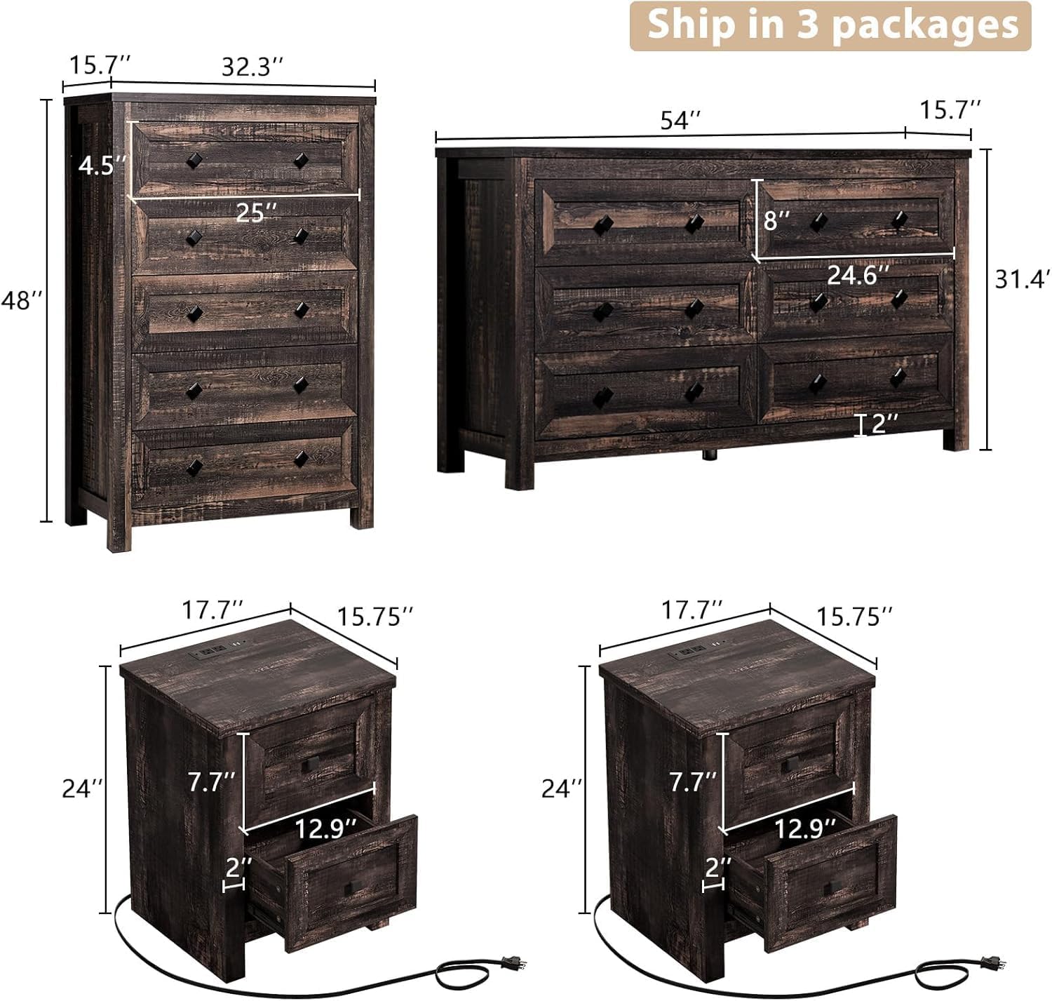 LUXOAK Farmhouse Bedroom Furniture 4 Pieces, 1 X Wood Rustic 6 Drawer Storage Dresser, 1 X 5 Drawer Dresser, Nightstand Set of 2 with Charging Station, Farmhouse Bedroom Set, Black