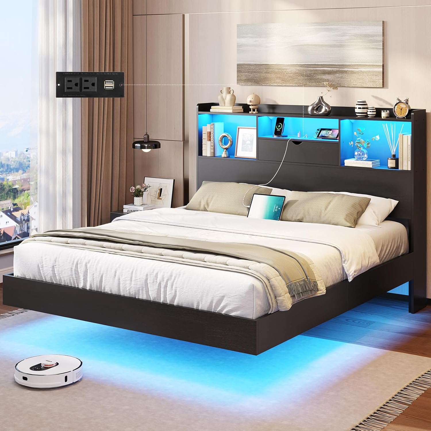 DICTAC Full Floating Bed Frame with LED Lights and Storage Headboard, Visual Floating Bed with Charing Station, Full Size Metal Platform Bed with Stable Structure, No Box Spring Need, Easy Assembly