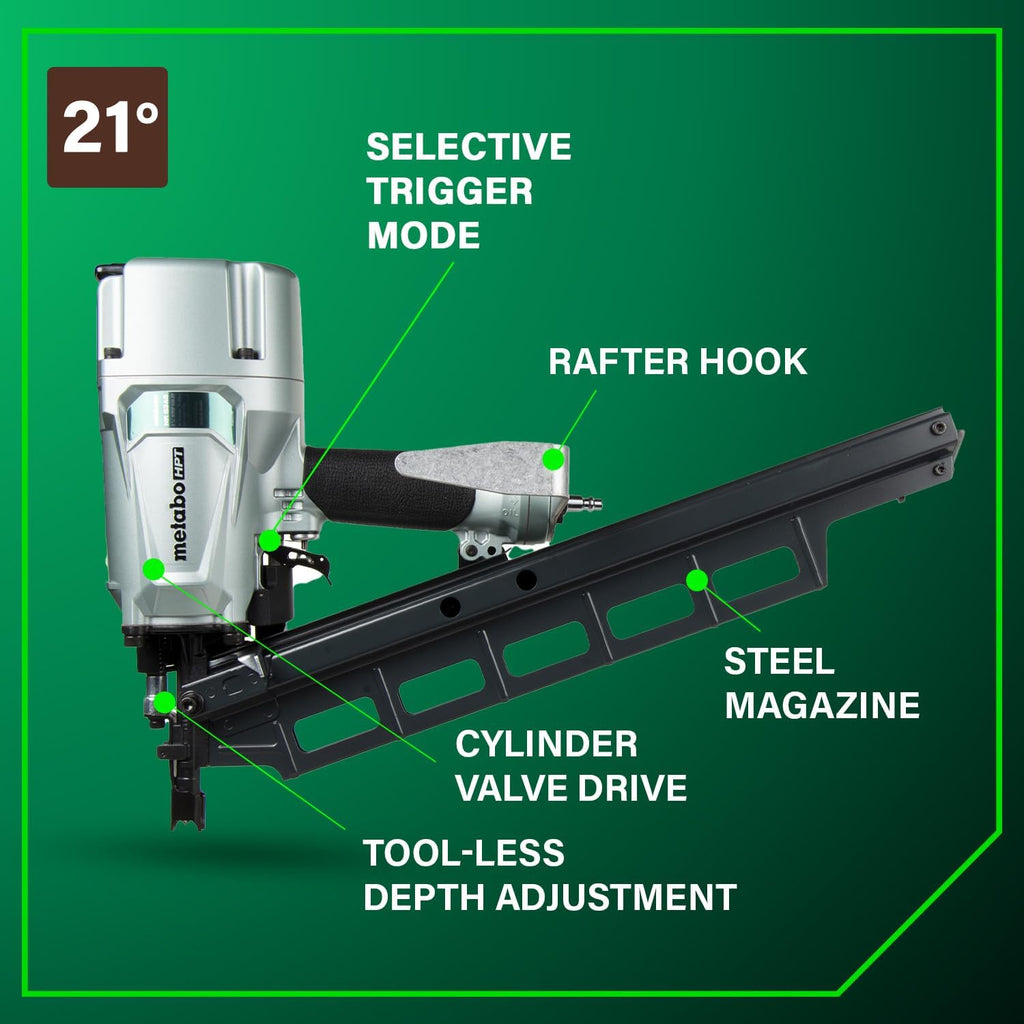Metabo HPT Framing Nailer, Pro-Preferred Pneumatic Power Nailer & Framing Tool for Flooring, Roof Decking, Selectable Trigger & Rafter Hook, 21° 2' to 3-1/4' Plastic Collated Nails, NR83A5