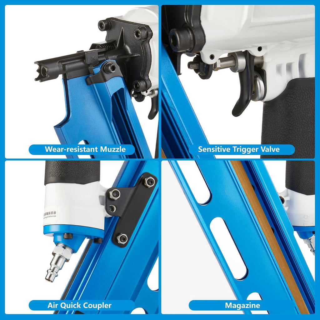 Maxparts Framing Nail Gun NR2183 21 Degree Plastic Strip Nailer with Aluminum Magazine Quick Shooting Pneumatic Tools for Wood Constructions Light Blue Color