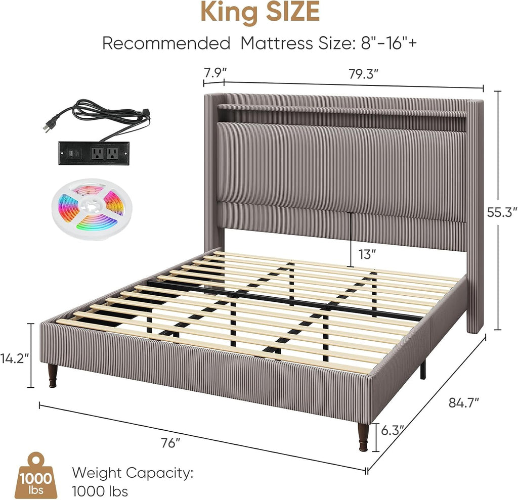 King Bed Frame with 55.3' Tall Headboard, Corduroy Upholstered Platform Bed with LED Lights & Charging Station, Wingback Storage Headboard, Solid Wood Slats,Noise Free,No Box Spring Needed,Gray Brown