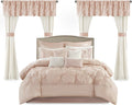 Madison Park Essentials Room in a Bag Faux Silk Comforter Set-Luxe Diamond Tufting All Season Bedding, Matching Curtains, Decorative Pillows, Queen(90'x90'), Blush 24 Piece (MPE10-809)