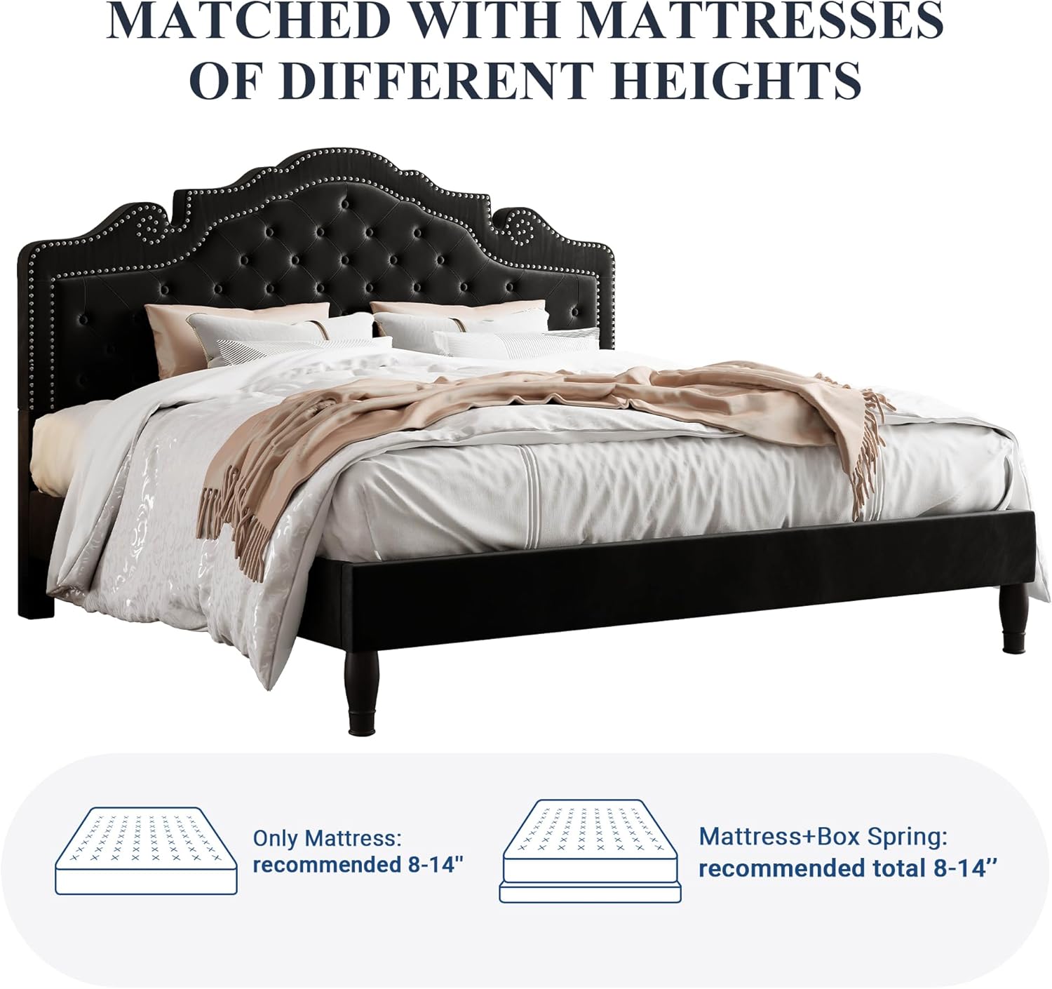 Allewie King Bed Frame with Adjustable Velvet Tiara Headboard, Upholstered Diamond Button Tufted Platform Bed, Wood Slats Support, No Box Spring Needed, Mattress Foundation, Easy Assembly, Black