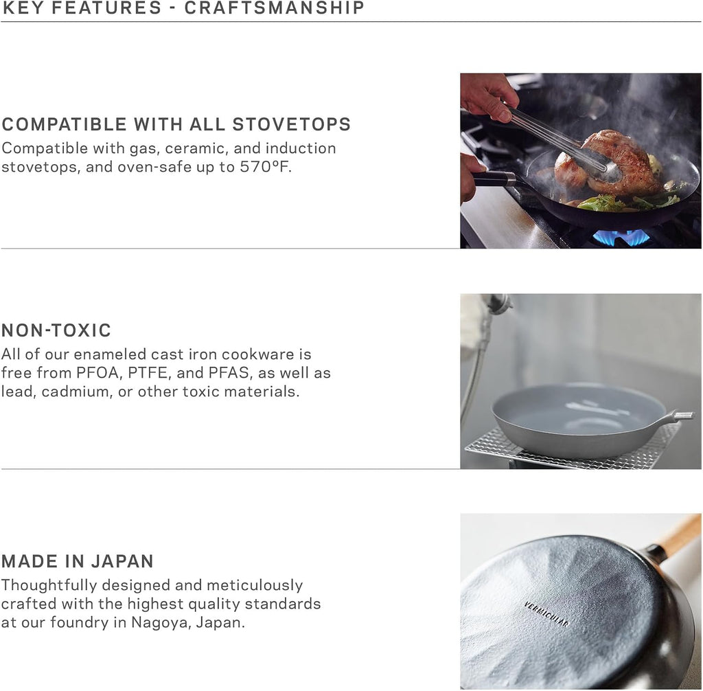 Vermicular Oven-Safe Skillet with Stainless Steel Lid | 28cm (11') | Lightweight Enameled Cast Iron Pan with Non-Toxic Enamel Finish | Dishwasher Safe | Induction-compatible | Made in Japan