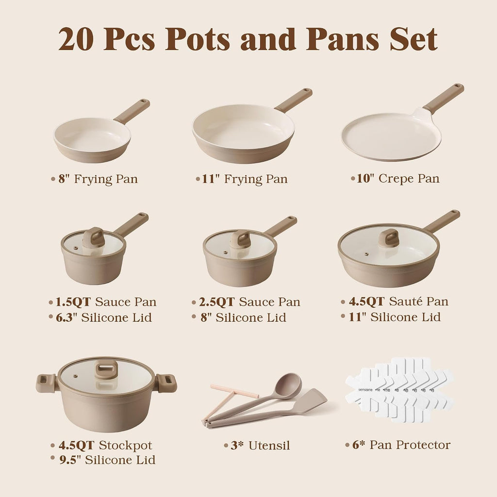 SENSARTE 20Pcs Pots and Pans Set Nonstick, Ceramic Cookware Set Non Stick, Non-toxic Healthy Kitchen Cooking Set, Induction Compatible, Dishwasher Safe, PFAS/PTFE/PFOA Free, TAUPE