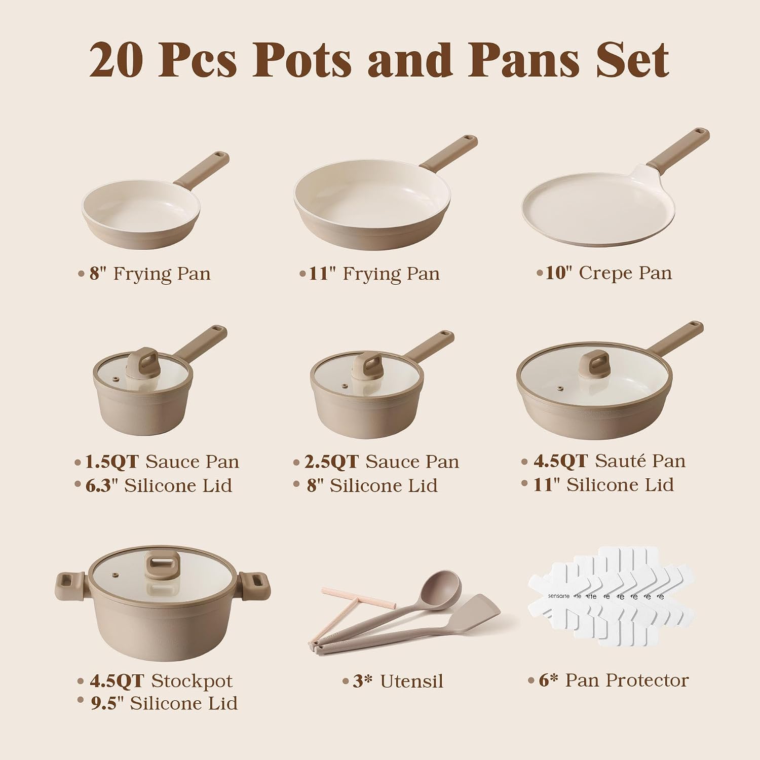 SENSARTE 20Pcs Pots and Pans Set Nonstick, Ceramic Cookware Set Non Stick, Non-toxic Healthy Kitchen Cooking Set, Induction Compatible, Dishwasher Safe, PFAS/PTFE/PFOA Free, TAUPE