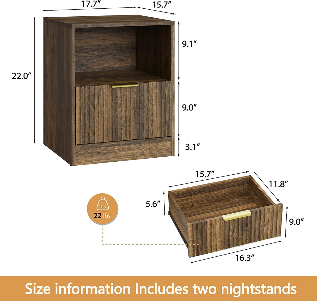 3-Piece Modern Bedroom Furniture Set, Wide 6-Drawer Dresser & 1-Drawer Nightstands Set of 2, Natural Wood Dresser and Nightstand Sets for Bedroom, Hallway, Walnut