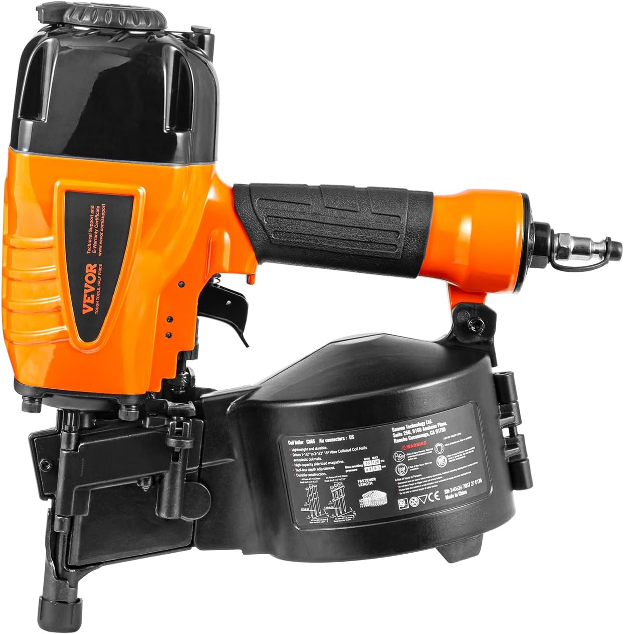 VEVOR Coil Siding Nailer CN65, 1-1/4' to 2-1/2' 15 Degree Pneumatic Siding Nail Gun with Tool-Less Depth Adjustment, 70-120PSI Air Coil Nailer for Siding, Pallet Sheathing, Wooding, Fencing, Decking