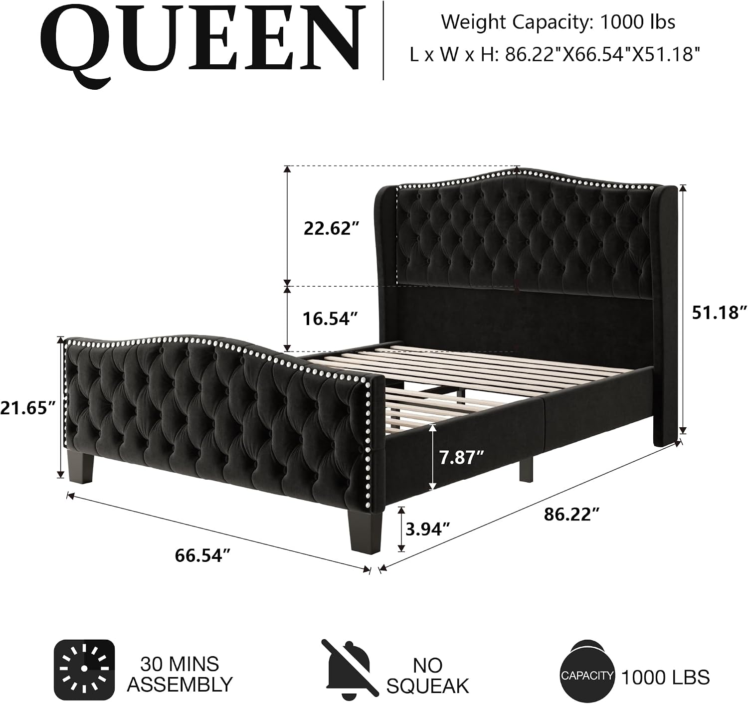 Queen Size Bed Frame with Tall Headboard Upholstered Bed Frame King Platform Bed Luxury Wingback Headback No Box Spring Needed, Mattress Foundation, Easy Assembly-Black