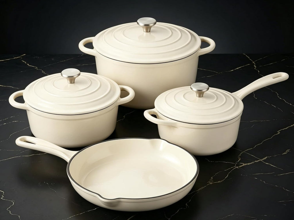 QuliMetal Enameled Cast Iron Cookware Set, 4-Piece Pots and Pans Set with Lids, 10.25' Skillet, 2QT Saucepan, 2.8QT & 4.8QT Dutch Ovens, Oven Safe to 500°F, All Stovetops Compatible - Cream White