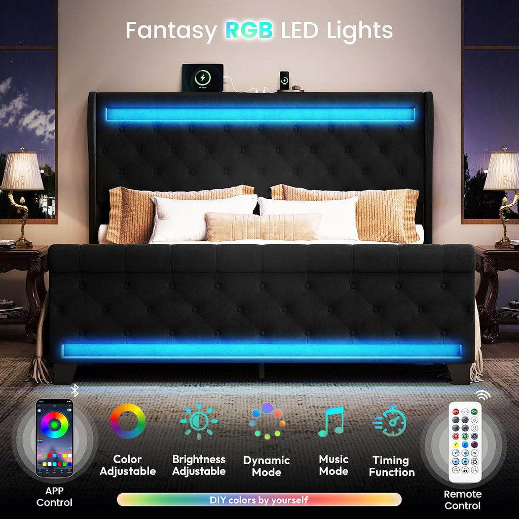 Belffin King Size Bed Frame with Headboard,50' Tall Headboard Upholstered Velvet Platform Bed with LED Lights & 2 USB Port/1 Type C Port, Button Tufted, No Box Spring Needed,Noise Free,Black
