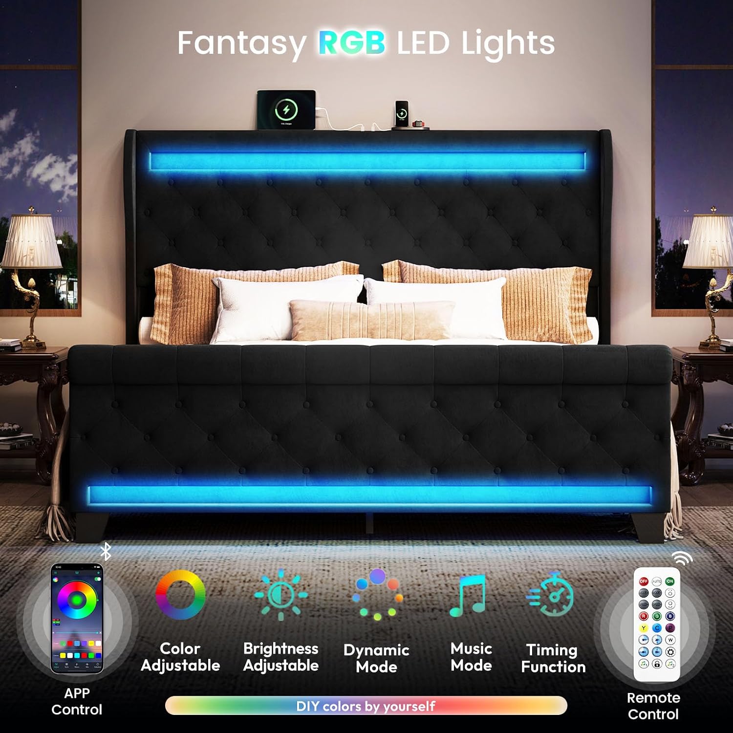 Belffin King Size Bed Frame with Headboard,50' Tall Headboard Upholstered Velvet Platform Bed with LED Lights & 2 USB Port/1 Type C Port, Button Tufted, No Box Spring Needed,Noise Free,Black