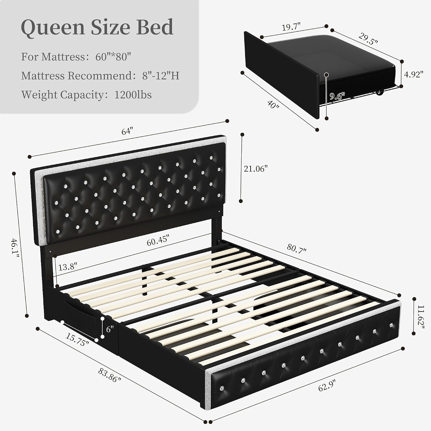 SIBEDS Queen LED Bed Frame with 2 Drawers, Storage Platform Beds with Upholstered Crystal Button Tufted Headboard Footboard, 2 Side Pockets, No Box Spring Needed, PU Black