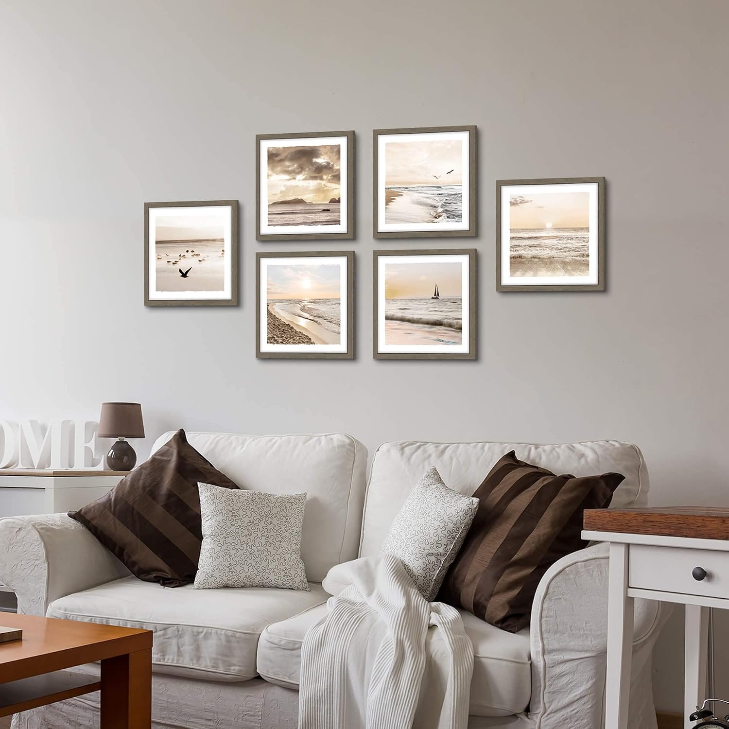 Framed Beach Scenery Wall Art：6 Pieces Small Calming Seaside Painting Nature Coastal Sunrise Prints Tropical Multi Seascape Photography Artwork Ocean Seagulls Picture for Bathroom Bedroom Office