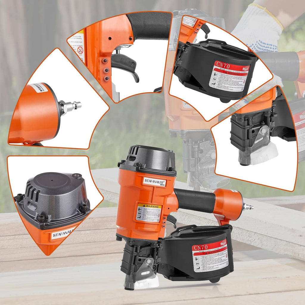 Update CN70 Air Coil Nailer, 15 Degree Pneumatic Coil Nail Gun, 1-3/4' to 2-3/4' Fast Shooting Nailer, High Speed Air Coil Nail Gun for Pallets, Siding, Crating, Fencing, Decking