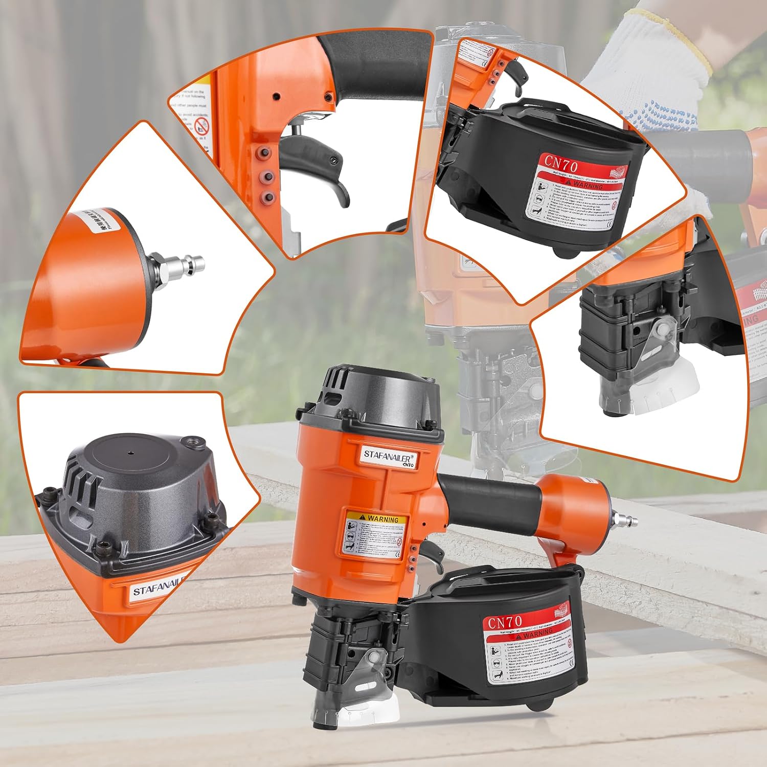 Update CN70 Air Coil Nailer, 15 Degree Pneumatic Coil Nail Gun, 1-3/4' to 2-3/4' Fast Shooting Nailer, High Speed Air Coil Nail Gun for Pallets, Siding, Crating, Fencing, Decking