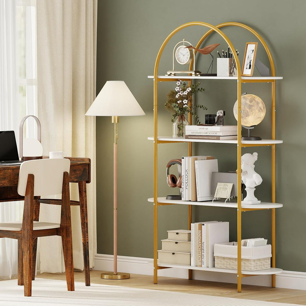 Giantex Arched Bookshelf Set of 2, 4-Tier Modern Open Bookcase with Sturdy Metal Frame, Freestanding Display Storage Organizer for Living Room, Home Office and Bedroom, Gold & White