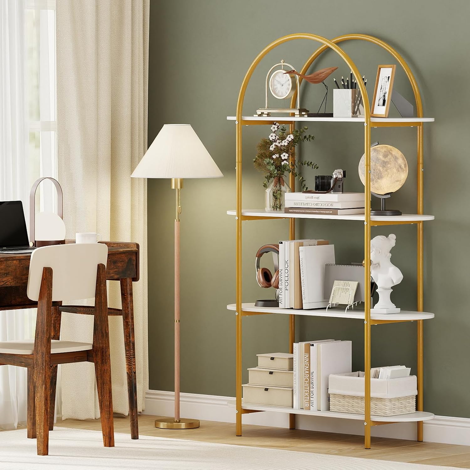 Giantex Arched Bookshelf Set of 2, 4-Tier Modern Open Bookcase with Sturdy Metal Frame, Freestanding Display Storage Organizer for Living Room, Home Office and Bedroom, Gold & White