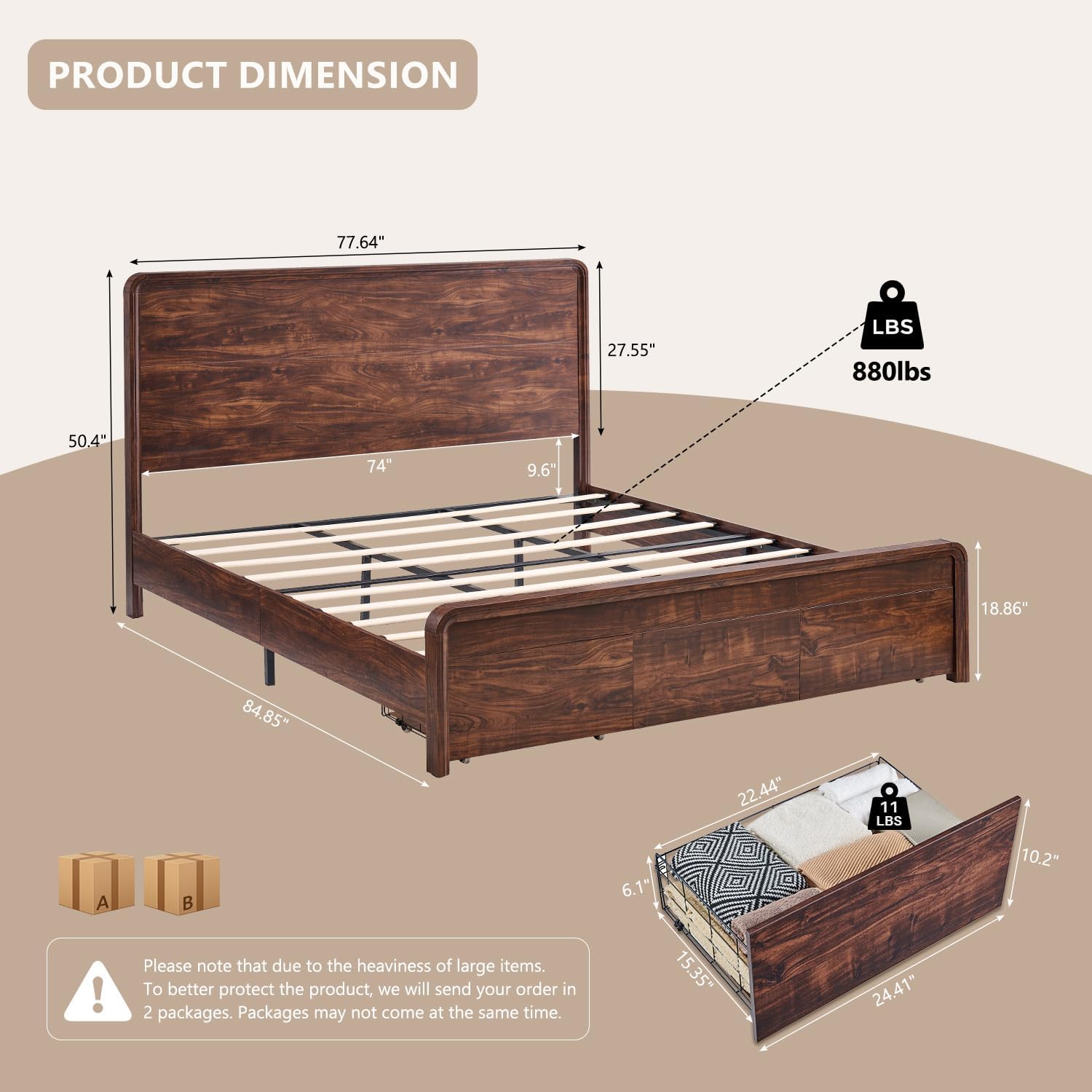 Aitjunz Modern King Size Bed Frame with 50' Tall Headboard, Wood King Size Platform Bed Frame w/3 Storage Drawers, Curved Profile Design, Wood & Steel Platform Bed, No Box Spring Needed, Dark Walnut