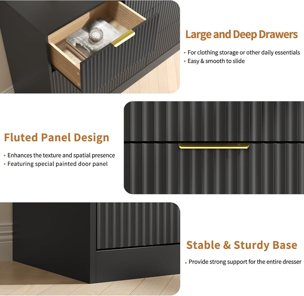 7 Drawer Dresser and Nightstand Sets, 3 Pcs Bedroom Set for Bedroom, Fluted Night Stand Set of 2 & 55' Wide Dresser w/Gold Handles, Modern Wood Chest of Drawers Storage Cabinet Set, Black