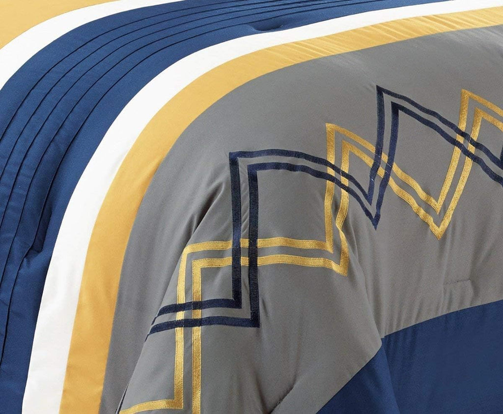 Chezmoi Collection Arden 7-Piece Modern Pleated Stripe Embroidered Zigzag Bedding Comforter Set (Oversized King, Navy/Gray/Yellow/White)