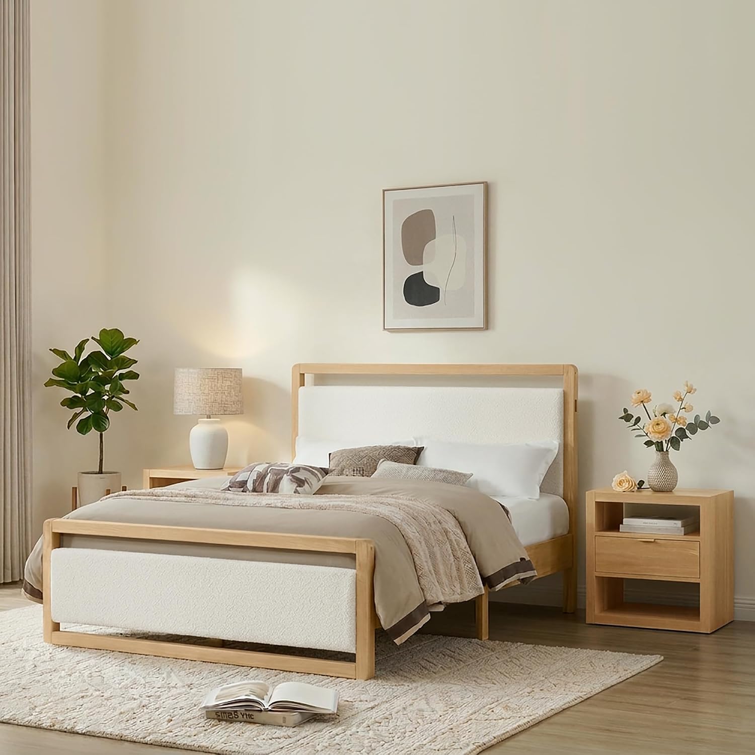KISLOT 3 Pieces Bedroom Set, Wood Bed Frame with Upholstered Headboard & 2 Nightstands with Storage, Wooden Platform Mattress Foundation Farmhouse Bedroom Furniture Set